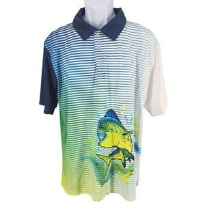Men's Wave Life Mahi-Mahi Fish Polo Shirt Large Striped Thin Lightweight Dry Fit